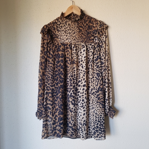 Zara Mock Neck Leopard Print Long Sleeve Dress - Picture 2 of 6